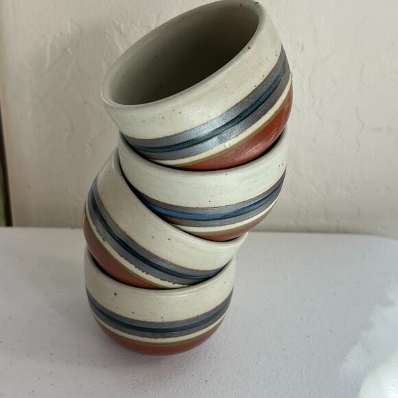 Unbranded Speckled Stoneware Ceramic Tea Cups Japan Set of 4 Blue Stripe 3" - Picture 12 of 14